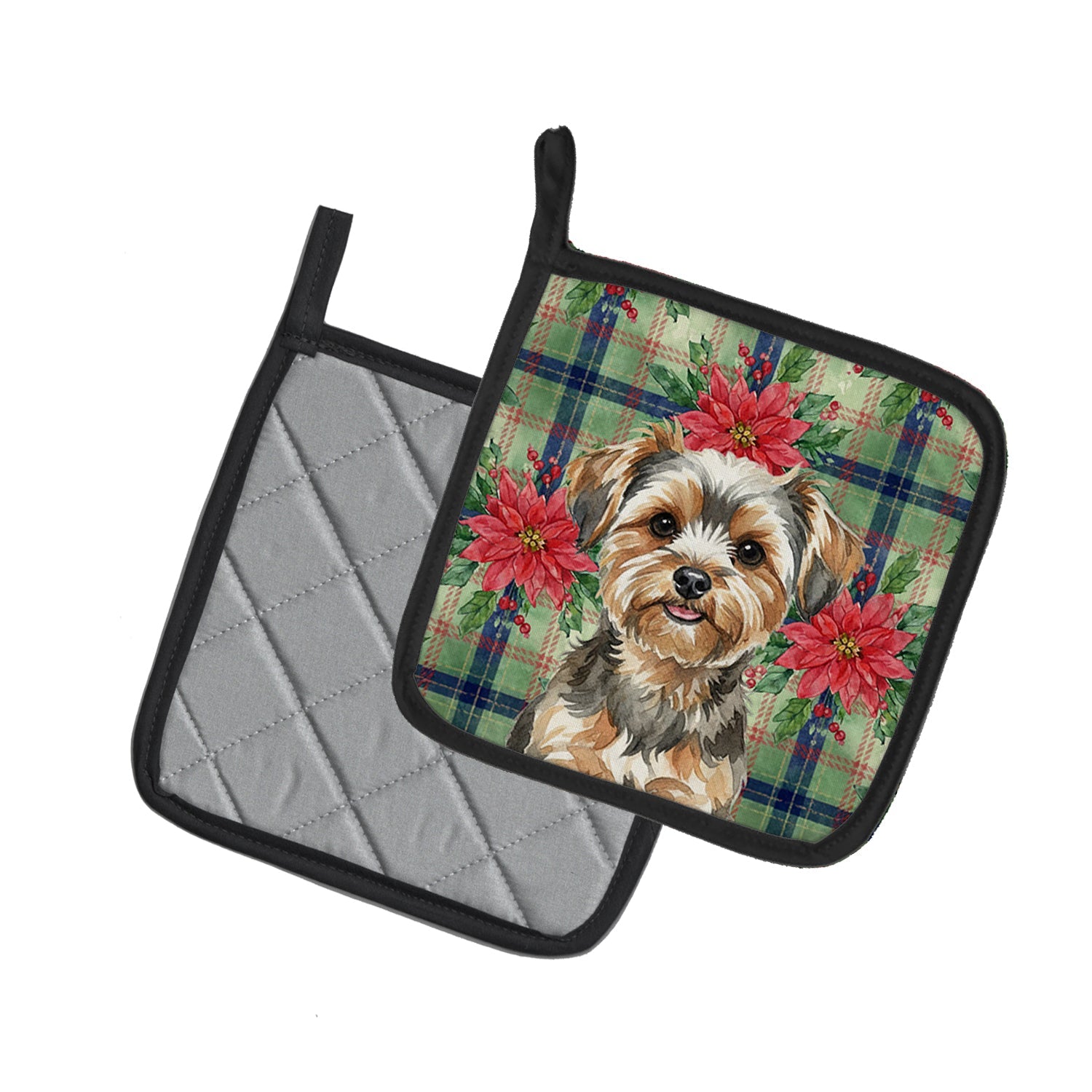 Yorkiepoo Christmas PoinsettIas Pot Holder Set of 2 Heat Resistant Quilted Hot Pads 7.5 x 7.5 Inch, Insulated Kitchen Trivets for Cooking & Baking