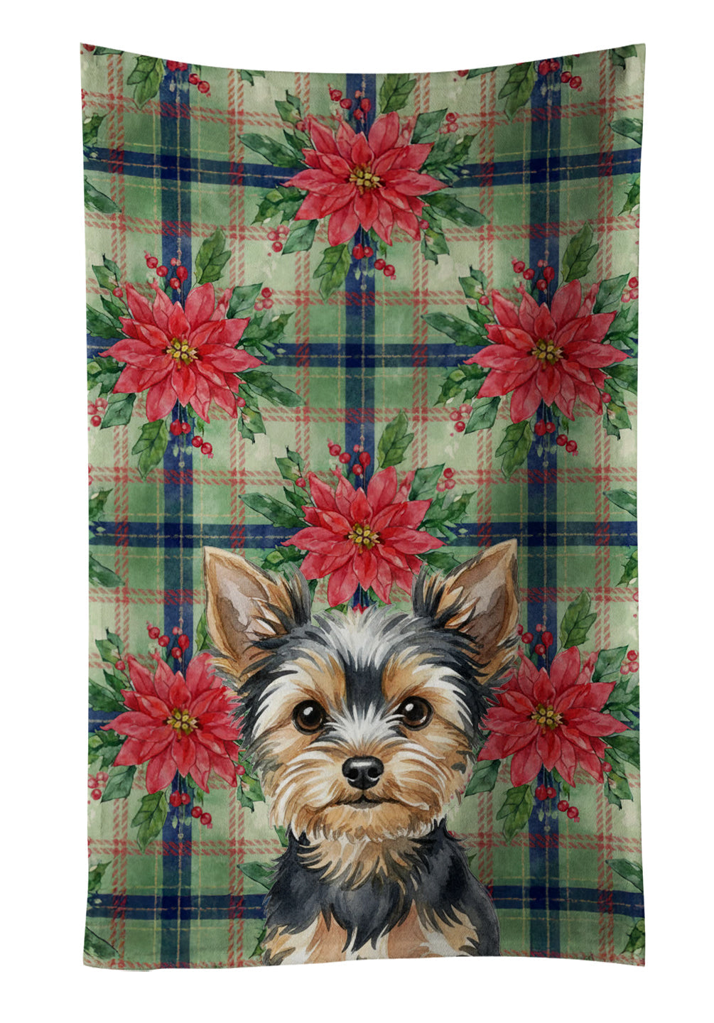 Black and Tan Yorkshire Terrier Christmas PoinsettIas Kitchen Towel Velour Plush Front and Cotton Loop Back Machine Washable