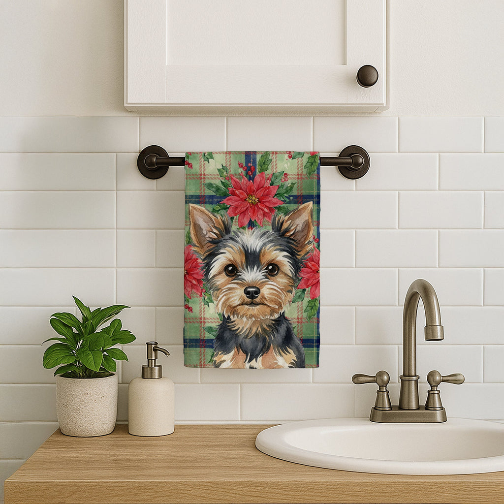 Black and Tan Yorkshire Terrier Christmas PoinsettIas Kitchen Towel Velour Plush Front and Cotton Loop Back Machine Washable