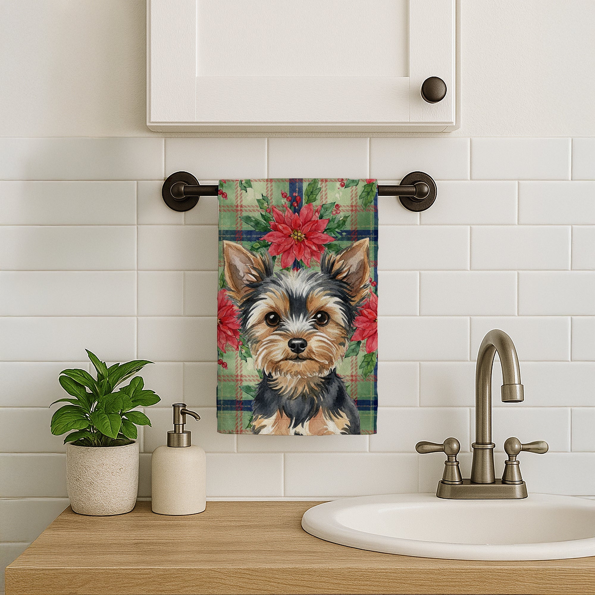 Black and Tan Yorkshire Terrier Christmas PoinsettIas Kitchen Towel Velour Plush Front and Cotton Loop Back Machine Washable