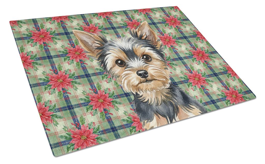 Black and Tan Yorkshire Terrier Christmas PoinsettIas Cutting Board Tempered Glass Kitchen Cutting Surface, Heat Resistant Chopping, Non-Slip Feet, Food Prep & Serving