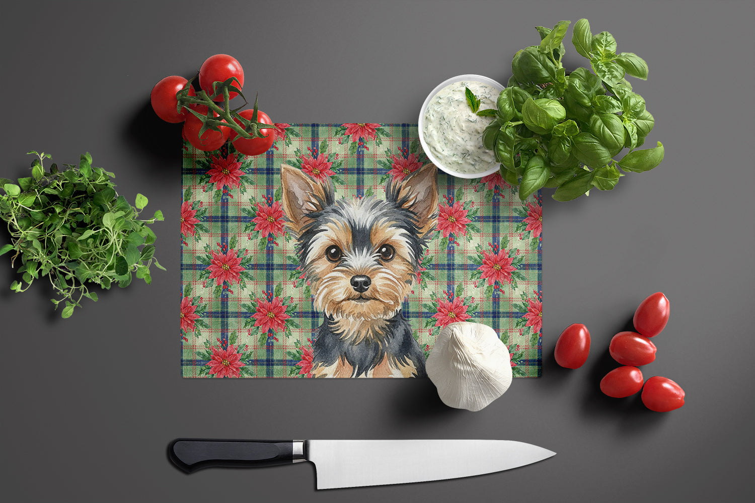 Black and Tan Yorkshire Terrier Christmas PoinsettIas Cutting Board Tempered Glass Kitchen Cutting Surface, Heat Resistant Chopping, Non-Slip Feet, Food Prep & Serving