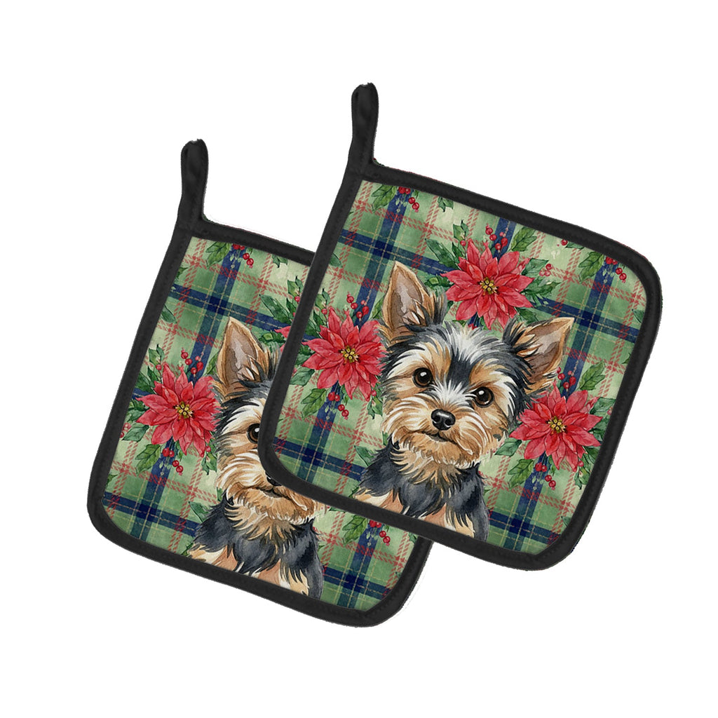 Black and Tan Yorkshire Terrier Christmas PoinsettIas Pot Holder Set of 2 Heat Resistant Quilted Hot Pads 7.5 x 7.5 Inch, Insulated Kitchen Trivets for Cooking & Baking