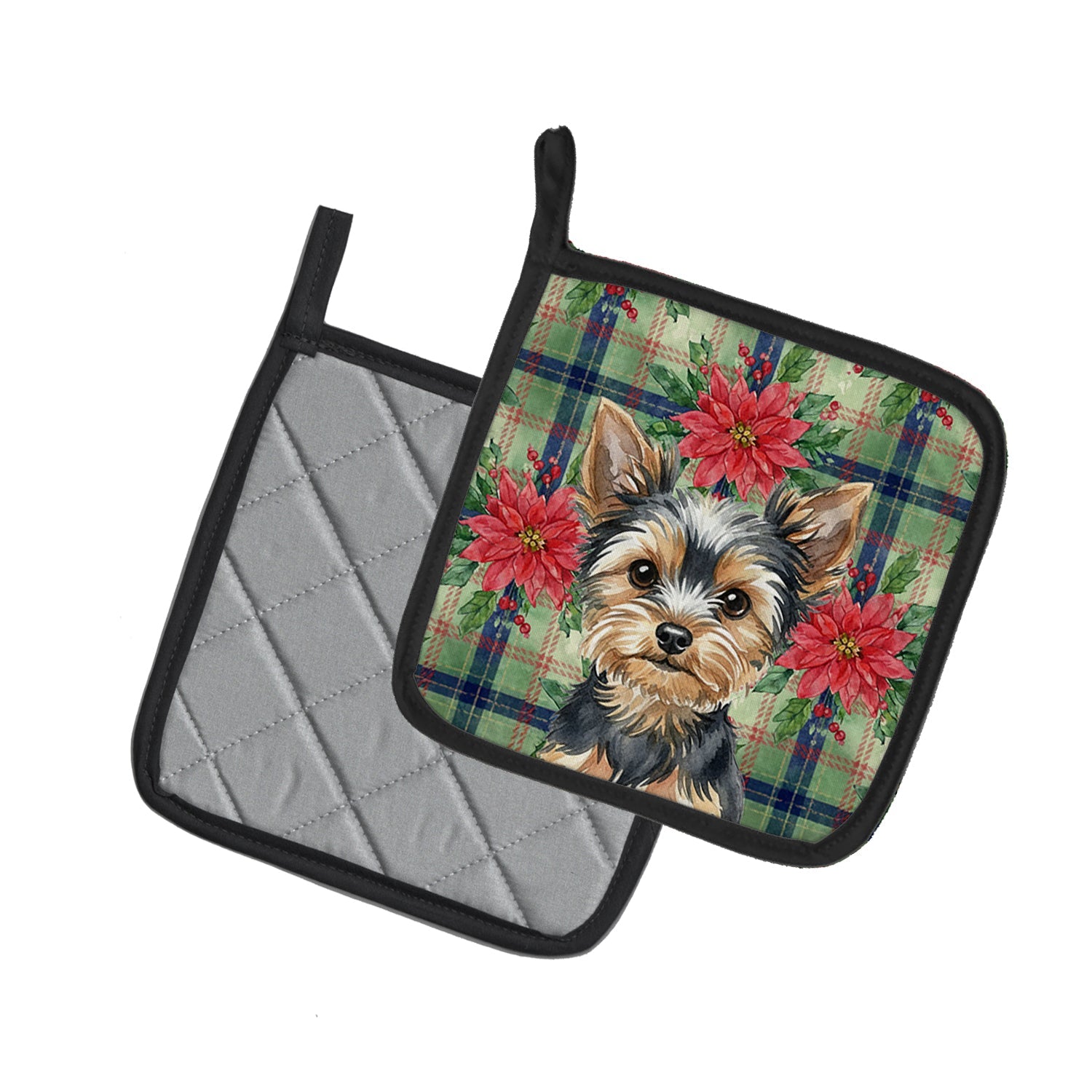 Black and Tan Yorkshire Terrier Christmas PoinsettIas Pot Holder Set of 2 Heat Resistant Quilted Hot Pads 7.5 x 7.5 Inch, Insulated Kitchen Trivets for Cooking & Baking
