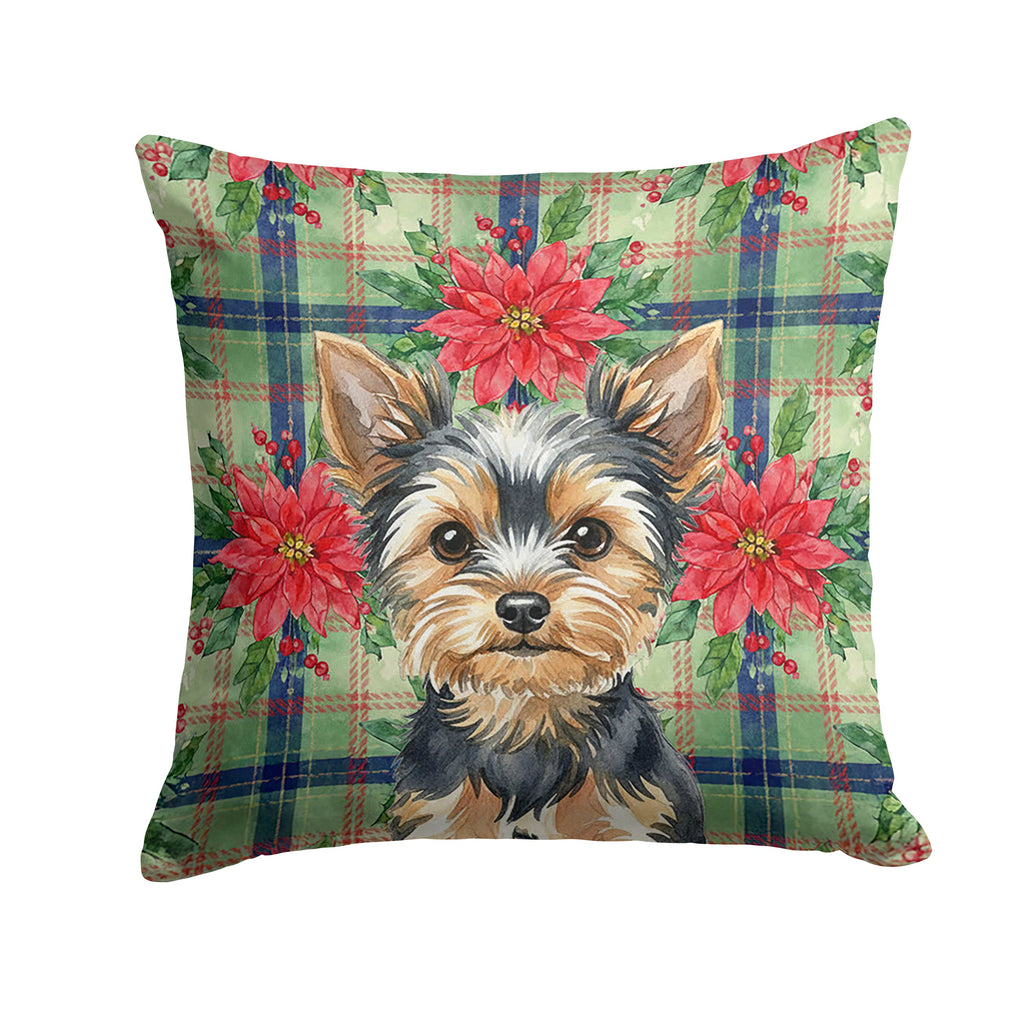 Black and Tan Yorkshire Terrier Christmas PoinsettIas Decorative Throw Pillow 14x14 Indoor Outdoor Accent Cushion, Fabric Cover with Insert for Sofa, Bed, Porch & Living Room