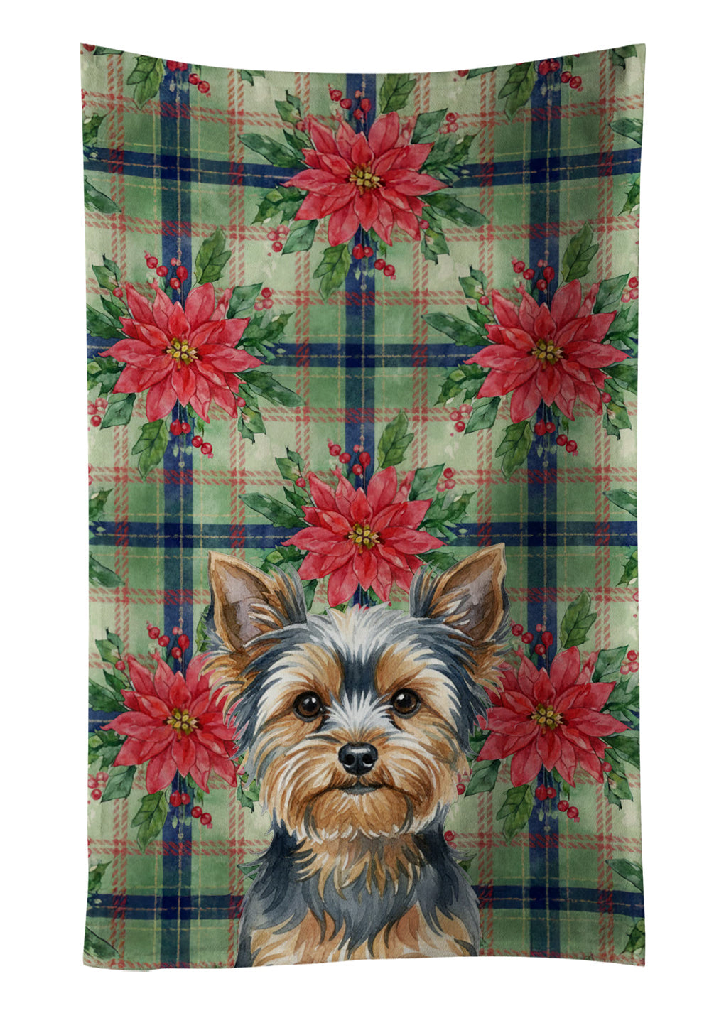 Blue and Tan Yorkshire Terrier Christmas PoinsettIas Kitchen Towel Velour Plush Front and Cotton Loop Back Machine Washable