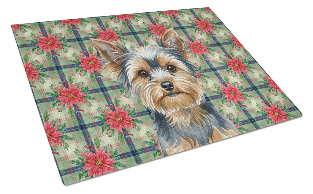 Blue and Tan Yorkshire Terrier Christmas PoinsettIas Cutting Board Tempered Glass Kitchen Cutting Surface, Heat Resistant Chopping, Non-Slip Feet, Food Prep & Serving