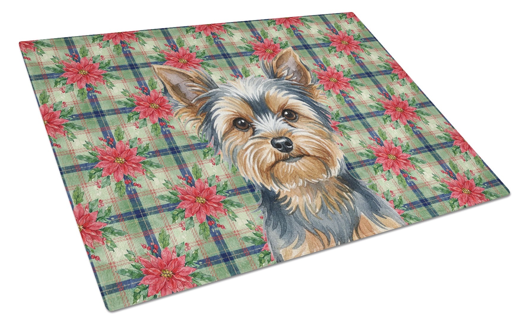 Blue and Tan Yorkshire Terrier Christmas PoinsettIas Cutting Board Tempered Glass Kitchen Cutting Surface, Heat Resistant Chopping, Non-Slip Feet, Food Prep & Serving