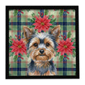 Blue and Tan Yorkshire Terrier Christmas PoinsettIas Framed Metal Print Bathroom, Kitchen, Office, Home Decor Wall Art Ready to Hang, Square, 8X8