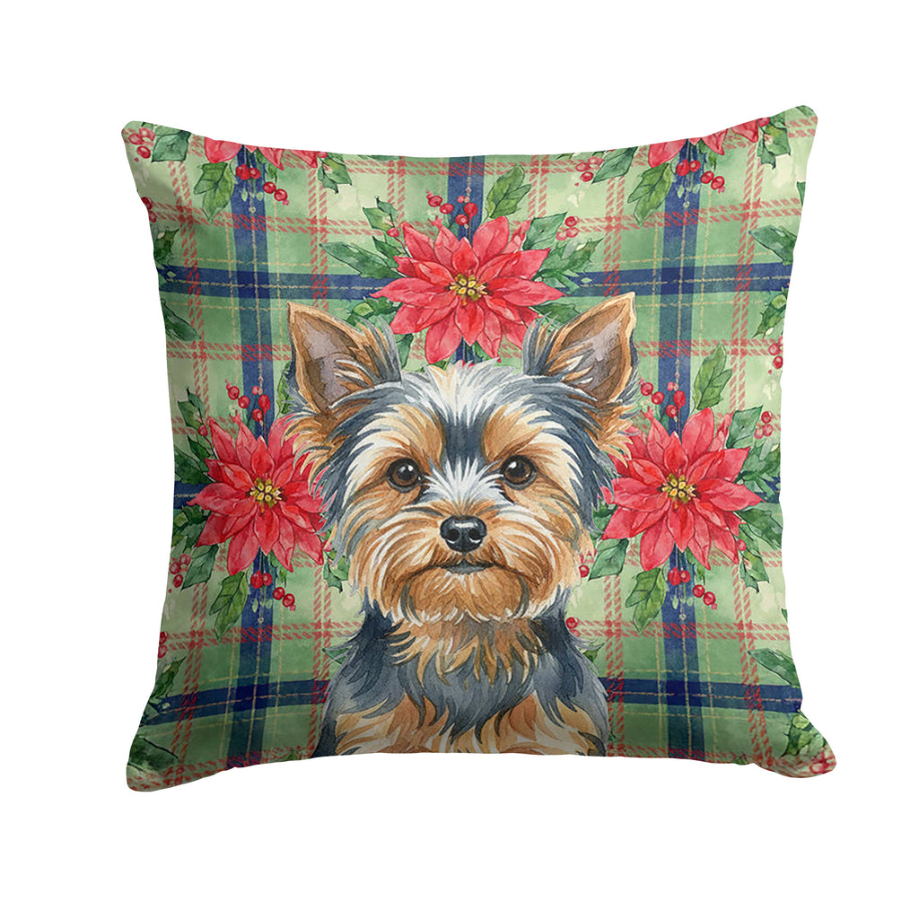 Blue and Tan Yorkshire Terrier Christmas PoinsettIas Decorative Throw Pillow 14x14 Indoor Outdoor Accent Cushion, Fabric Cover with Insert for Sofa, Bed, Porch & Living Room