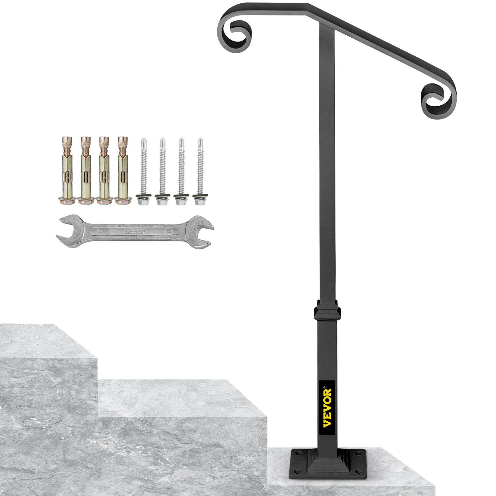 Handrails for Outdoor Steps, Fit 1 or 2 Steps Outdoor Stair Railing, Single Post Wrought Iron Handrail, Gray Transitional Porch Railings for Concrete Steps or Wooden Stairs with Base