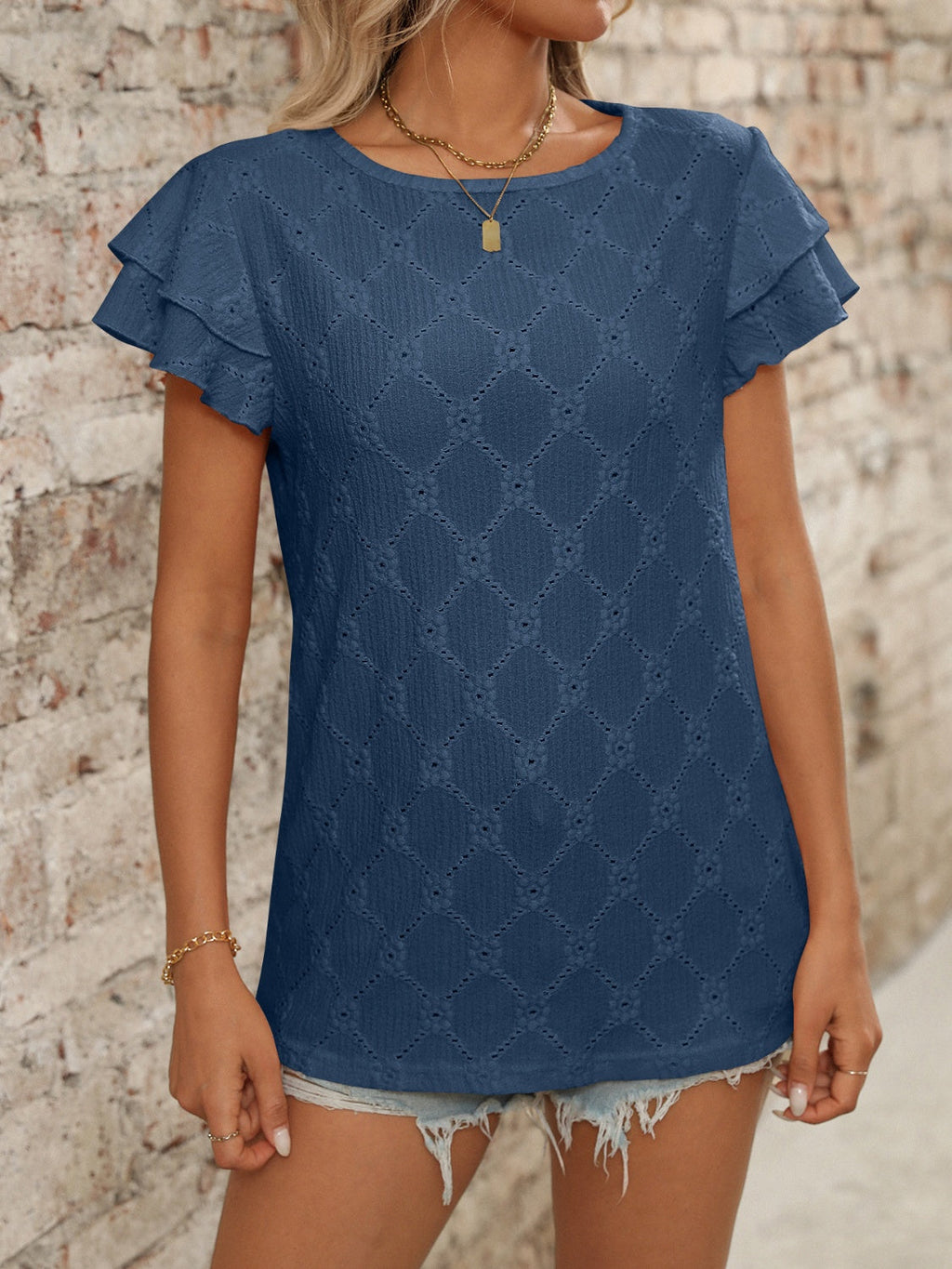 Eyelet Round Neck Double Layered Ruffled Short Sleeve Top