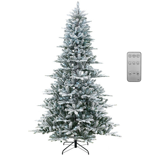 8 Feet Snow Flocked Artificial Christmas Tree with Cool White LED Lights