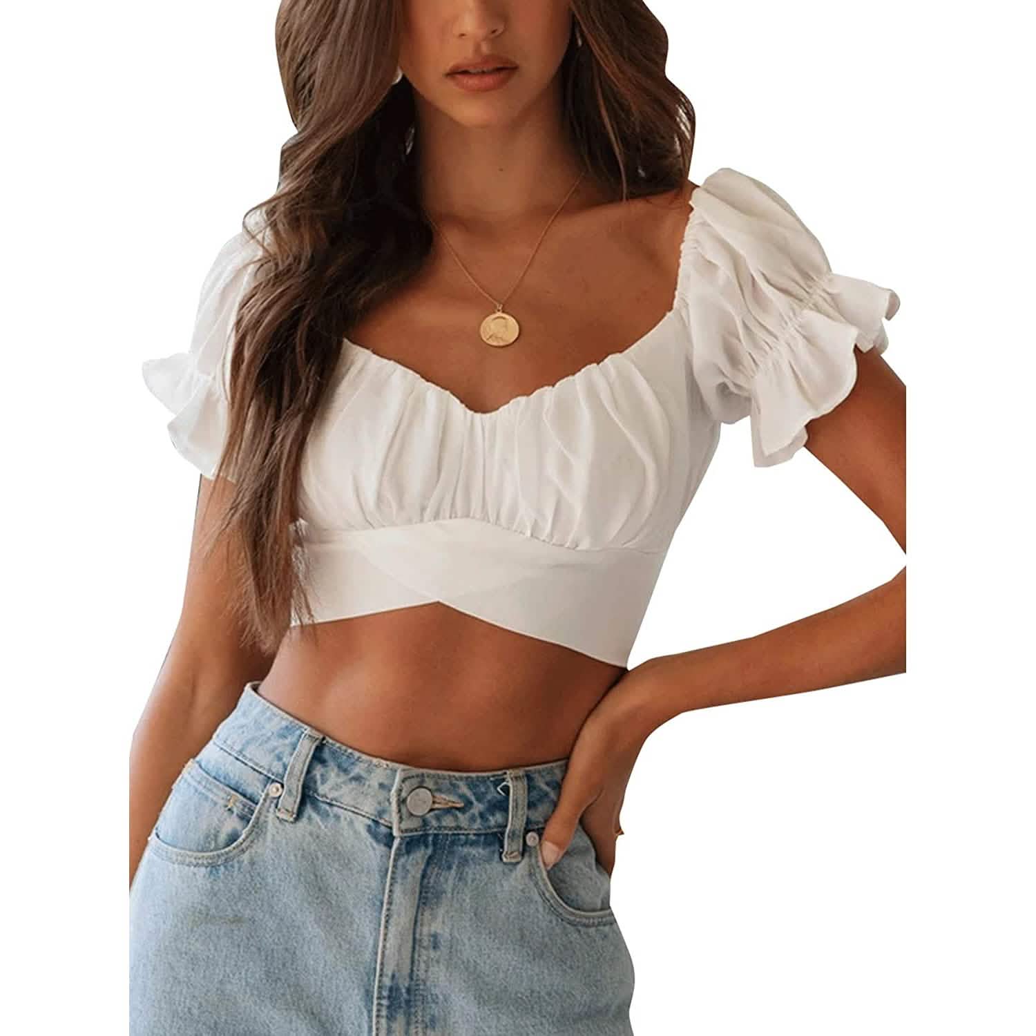 Women's Ruffle Short Sleeve Tie Shirt
